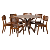 Baxton Studio Linnet Mid-Century Modern Walnut Brown Finished Wood and Rattan 7-Piece Dining Set
